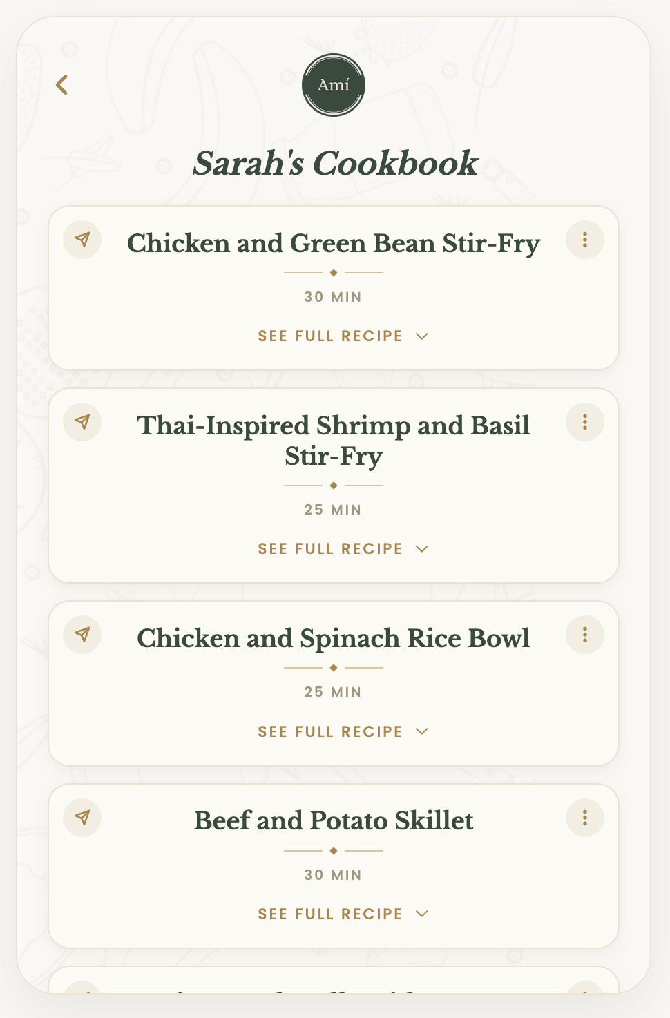 Chef Amí saved cookbook of favorite dinners