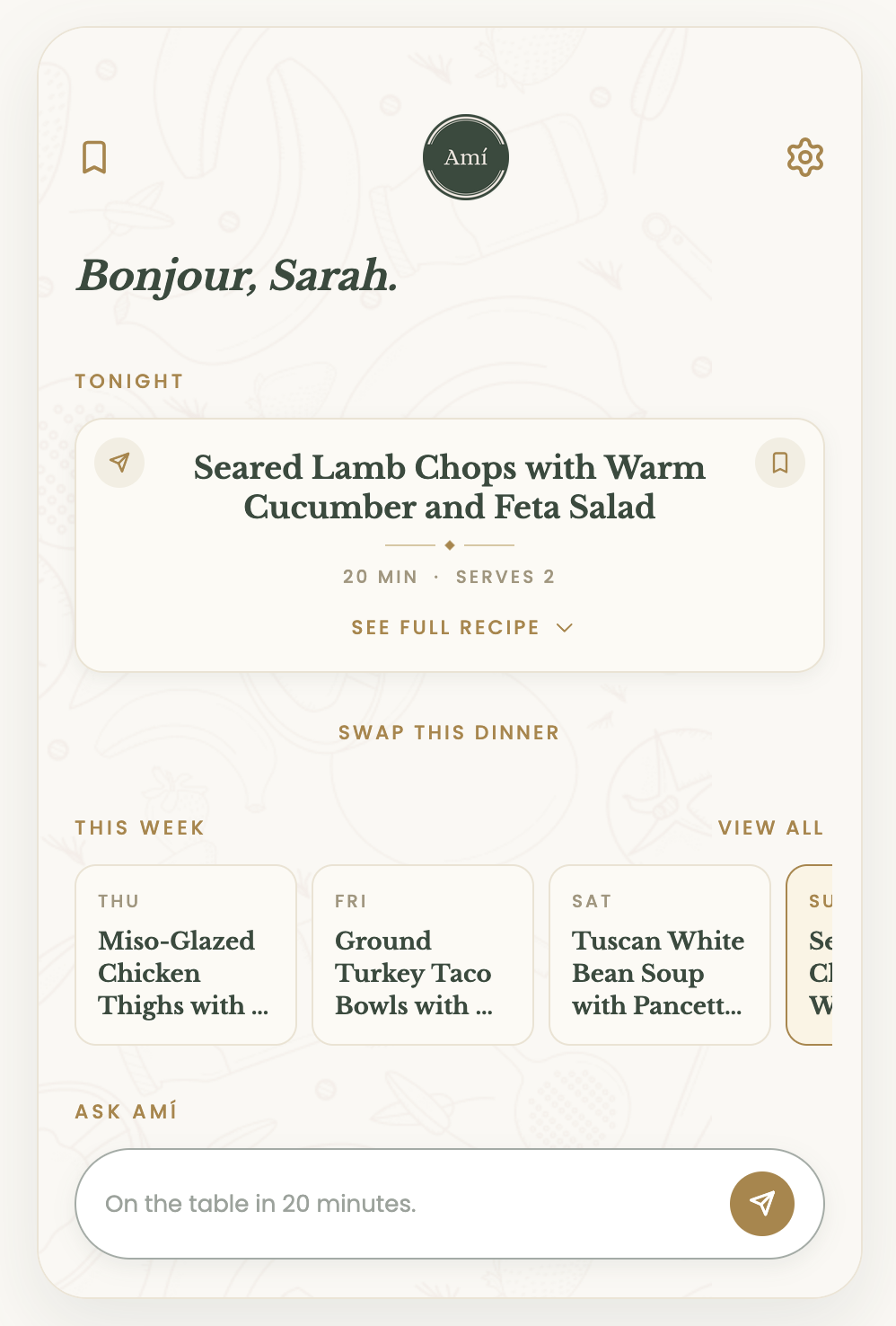 Chef Amí home screen with tonight's dinner already chosen