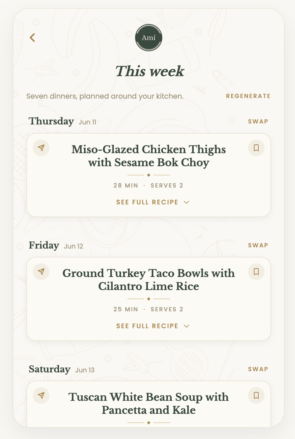 Chef Amí weekly dinner plan