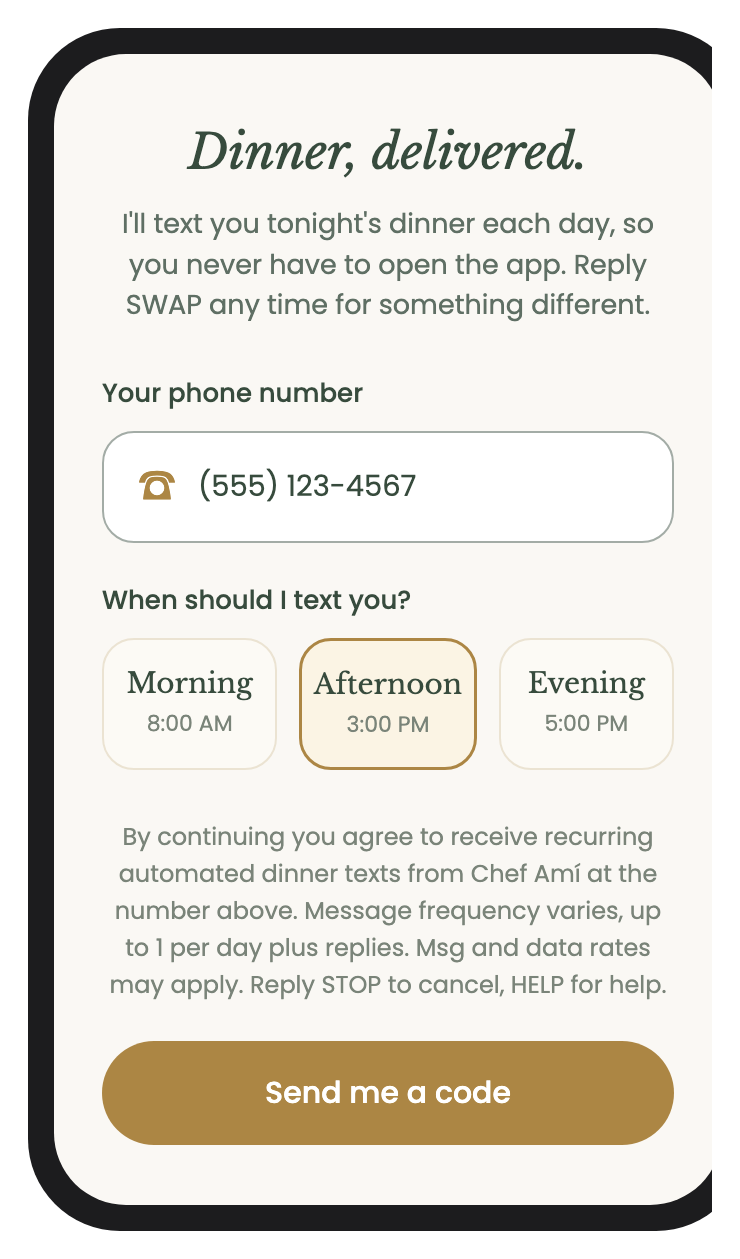 Chef Amí Daily Dinner Texts opt-in screen in the iOS app, showing the mobile number field and the consent text shown before sending a verification code.